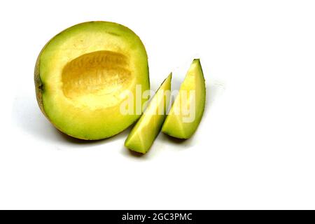 Galia melon whole and half piece composition isolated on white background Stock Photo