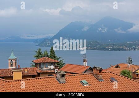 view of Laveno-Mombello and Mount Sasso del Ferro, Lombardy, from Stresa, Piedmont, Lake Maggiore, Italy Stock Photo