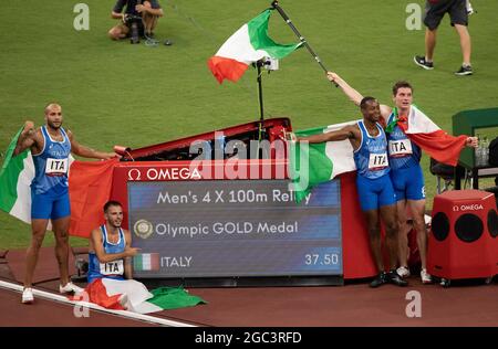 Tokyo, Kanto, Japan. 6th Aug, 2021. Italy celebrates winning the 4x 100 Relay during the Tokyo 2020 Olympics at the Tokyo Olympic Stadium on Friday, August 6, 2021 in Tokyo. (Credit Image: © Paul Kitagaki Jr./ZUMA Press Wire) Stock Photo