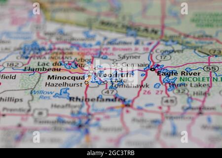 Woodruff Wisconsin USA shown on a road map or Geography map Stock Photo
