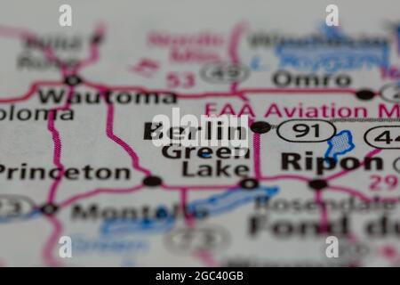 Berlin Wisconsin USA shown on a road map or Geography map Stock Photo