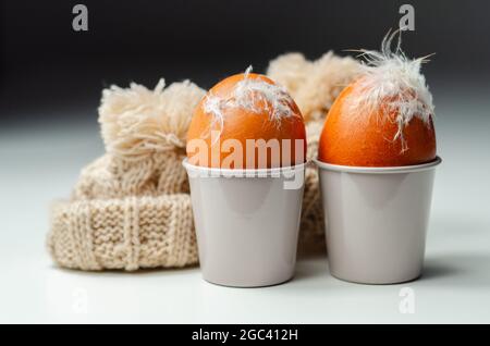 Fresh free range eggs with natural feathers in egg cups, eggs in woolen caps, funny food Stock Photo