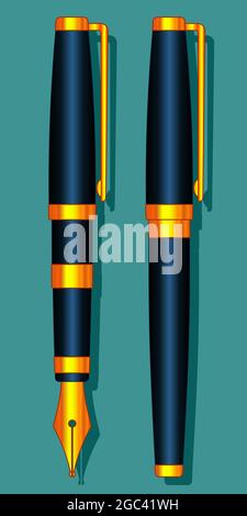 Illustration of the classic gold ink pens on green surface Stock Vector