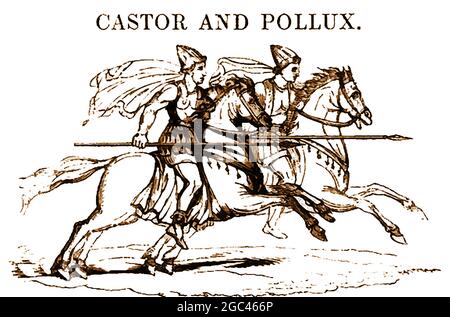 An 1839 depiction of the mythological figures Castor and Pollux  (Polydeukes) on horseback; known as a pair as twin half-brothers in Greek and Roman mythology  where they are known together as the Dioscuri and sometimes as The Two Gods, Gemini, Castores , Tyndarids / Tyndaridae or The Horse Twins. Old fashioned sailors considered the pair as patron saints in the form of St Elmo's Fire and they have horsemanship associations  as the divine  Indo-European horse twins / Divine horse twins Stock Photo