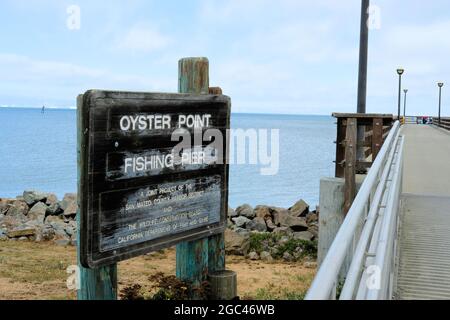 Sign at Oyster Point Fishing Pier in South San Francisco, in San Mateo County, California;