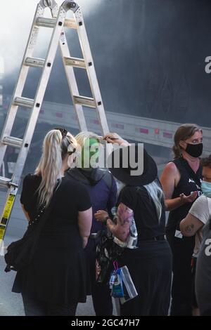 Vancouver, Canada - July 20,2021: Jesse Rath suits up as Brainiac 5 to film a couple of scene of Supergirl TV Show on West Hastings Street in downtown Stock Photo