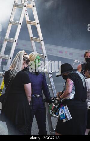 Vancouver, Canada - July 20,2021: Jesse Rath suits up as Brainiac 5 to film a couple of scene of Supergirl TV Show on West Hastings Street in downtown Stock Photo