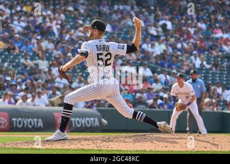 August 7 2021: Colorado pitcher Daniel Bard (52) throws a pitch during ...