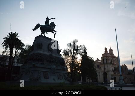 Cordoba, Argentina - January, 2020: Silhouette of statue of General San Martin on horseback in Plaza San Martin at dusk Stock Photo