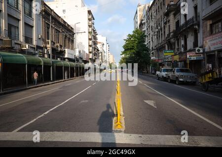 Cordoba, Argentina - January, 2020: Street called Avenida Colon at intersection with Rivera Indarte street. Wide empty one way avenue with six traffic Stock Photo