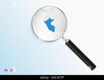 Magnifier with map of Peru on abstract topographic background. Vector map. Stock Vector