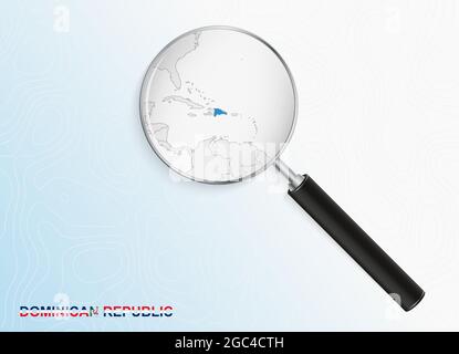 Magnifier with map of Dominican Republic on abstract topographic background. Vector map. Stock Vector