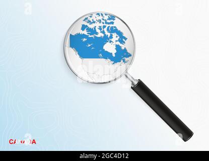 Magnifier with map of Canada on abstract topographic background. Vector map. Stock Vector