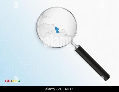 Magnifier with map of Guyana on abstract topographic background. Vector map. Stock Vector