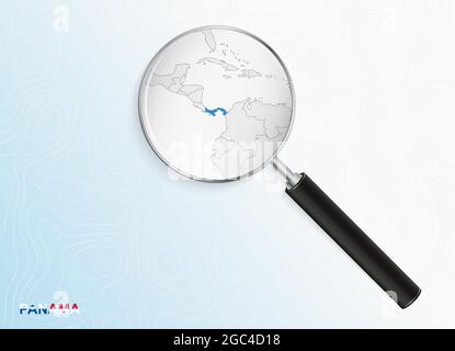 Magnifier with map of Panama on abstract topographic background. Vector map. Stock Vector