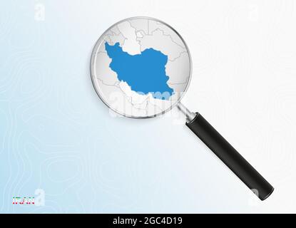 Magnifier with map of Iran on abstract topographic background. Vector map. Stock Vector