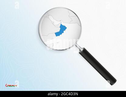 Magnifier with map of Oman on abstract topographic background. Vector map. Stock Vector
