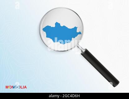 Magnifier with map of Mongolia on abstract topographic background. Vector map. Stock Vector
