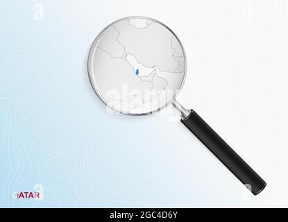 Magnifier with map of Qatar on abstract topographic background. Vector map. Stock Vector