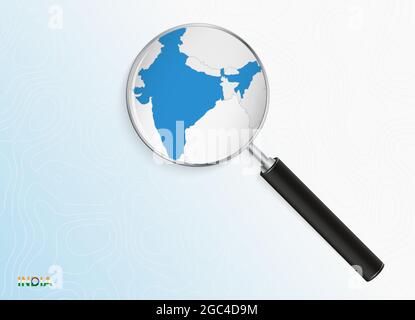 Magnifier with map of India on abstract topographic background. Vector map. Stock Vector