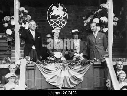 Queen Elizabeth II at the Opening of the Olympics for the Equestrian Games The Queen and Duke of Edinburgh , who are on a stately visit to Sweden , in the the Royal Box with King Gustaf Adolf of Sweden ( Left ) and Queen Louise , During ceremonies in the Stockholm stadium marking the opening of the XVIth Olympic games 10 June 1956 Stock Photo