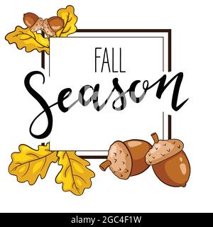 Autumn frame with oak leaves and acorns. Fall season decorative elements for sale banner, invitations, greeting cards design and decoration. Premium Vector Stock Vector