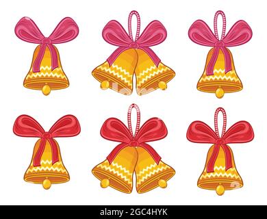 Golden jingle Christmas bell with red bow ribbon icon set. Holiday school or New year decoration. Festive xmas tree toy, surprise, door decor. Vector Stock Vector