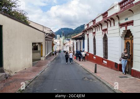 BOGOTA, COLOMBIA - SEPTEMBER 23, 2015: Street in the center of Bogota, La Candelaria neighborhood. Stock Photo