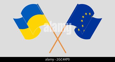 Crossed and waving flags of the Ukraine and the EU Stock Vector