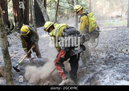 U.S. Army Soldiers from the California Army National Guard’s Task Force Rattlesnake out of Redding, California, put out a fire Sept. 1, 2020, near Scott’s Valley, California, during the CZU Lightning Complex Fire in Santa Cruz and San Mateo counties. Cal Guard’s specially-trained Rattlesnake teams are assisting the California Department of Forestry and Fire Protection (CAL FIRE) contain the massive wildfire that scorched more than 85,000 acres since igniting Aug. 16. (U.S. Army National Guard photo by Staff Sgt. Eddie Siguenza) Stock Photo