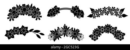 Wreaths abstract flower flat black glyph silhouette set. Chaplet on head plants collection isolated on white background. Wedding botanical diadem. Design element. Stock Vector
