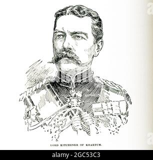 The caption accompanying this 1903 illustration in Gaston Maspero’s book on  History of Egypt reads: “Lord Kitchner of Khartum.” Field Marshal Horatio Herbert Kitchener (1850-1916) was famous for colonial victories in the Sudan and South Africa. As Commander in Chief of the Egyptian army, he rescued Khartoum from the dervishes of Sudan in 1898 after a two year battle. Kitchener won fame in 1898 for winning the Battle of Omdurman and securing control of the Sudan, after which he was given the title 'Lord Kitchener of Khartoum.” Later, he helped build Britain's first mass army and became the fac Stock Photo
