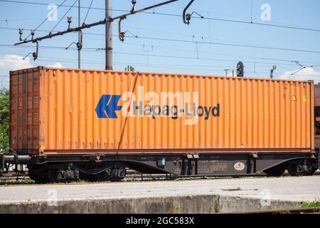 Picture of a sign with the logo of Hapag Lloyd on a container being shipped by rail in Ljubljana, Slovenia. Hapag-Lloyd AG is a German international s Stock Photo