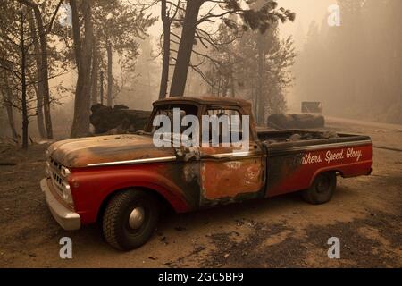 Greenville, USA. 06th Aug, 2021. A partially burned truck sits along Main Street in the downtown area of Greenville, California after the Dixie fire destroyed the town, Friday August 6, 2021. Photo by Peter DaSilva/UPI Credit: UPI/Alamy Live News Stock Photo