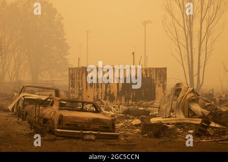 Greenville, USA. 06th Aug, 2021. A burned out neighborhood off Main Street is seen in the downtown area of Greenville, California after the Dixie fire destroyed the town, Friday August 6, 2021. Photo by Peter DaSilva/UPI Credit: UPI/Alamy Live News Stock Photo