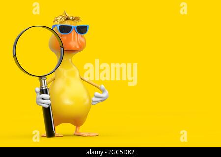 Cute Yellow Cartoon Duck Person Character Mascot with Magnifying Glass on a yellow background. 3d Rendering Stock Photo