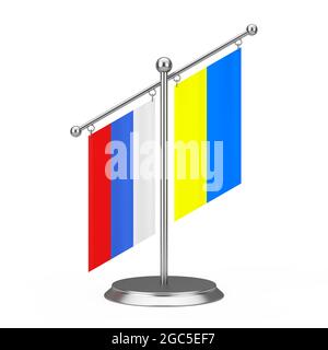 Two Fabric Ukraine and Russia Desktop Flags on Steel Spire Pedestal on a white background. 3d Rendering Stock Photo