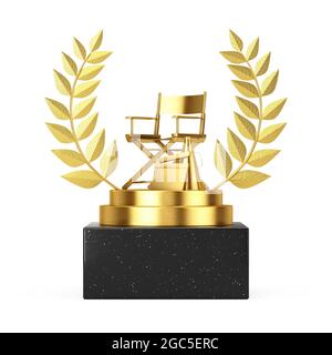 Winner Award Cube Gold Laurel Wreath Podium, Stage or Pedestal with Golden Director Chair, Movie Clapper and Megaphone on a white background. 3d Rende Stock Photo