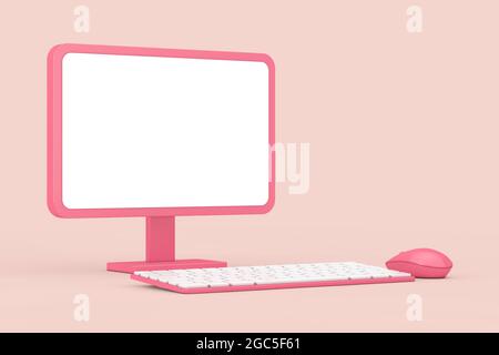 Software Computer Cartoon Pink Abstract Cartoon Pink Desktop Computer with Mouse, Keyboard and Blank ...