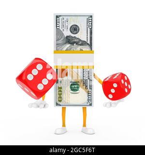 Stack of One Hundred Dollar Bills Person Character Mascot with Red Game Dice Cubes in Flight on a white background. 3d Rendering Stock Photo