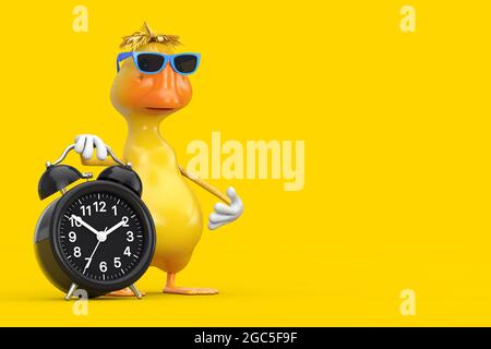 Cute Yellow Cartoon Duck Person Character Mascot with Alarm Clock on a yellow background. 3d Rendering Stock Photo
