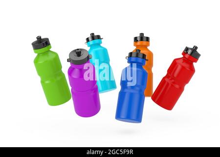 Set of Color Plastic Shaker Drinking Water Sport Bottles on a white background. 3d Rendering Stock Photo