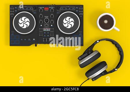 DJ Mixing Turntable with Headphones and Coffee Cup on a yellow background. 3d Rendering Stock Photo