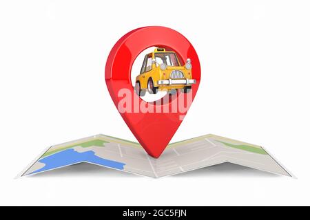 Yellow Cartoon Taxi Car with Red Map Pointer Target Pin over Abstract Map on a white background. 3d Rendering Stock Photo