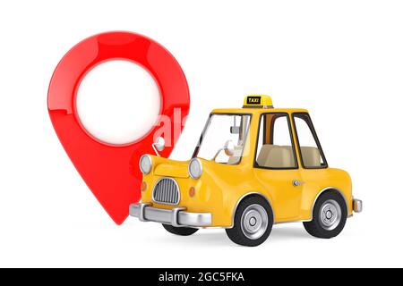 Yellow Cartoon Taxi Car with Red Map Pointer Target Pin on a white background. 3d Rendering Stock Photo