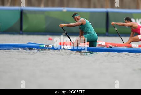 Tokyo, Japan. 7th Aug, 2021. Isaquias Queiroz dos Santos of Brazil celebrates after the men's canoe single 1000m final of canoe sprint at the Tokyo 2020 Olympic Games in Tokyo, Japan, Aug. 7, 2021. Credit: Fei Maohua/Xinhua/Alamy Live News Stock Photo
