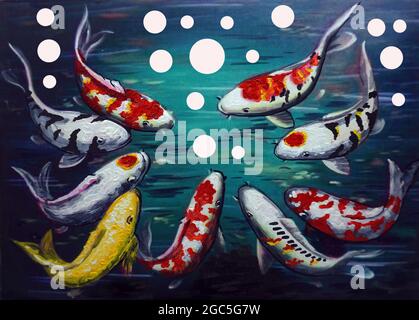 Oil painting of Fancy Carp fish pictures Auspiciousness and good luck