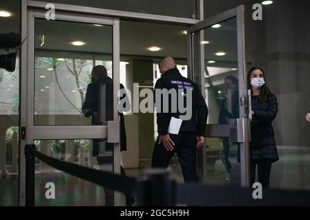 Melbourne, Australia. 7th August 2021. Feeling sick? Get tested. Victorian Premier Daniel Andrews and COVID Commander Jeroen Weimar leave after speaking at a press conference, two days into the state’s sixth lockdown. Credit: Jay Kogler/Alamy Live News Stock Photo