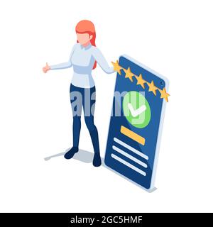 Flat 3d Isometric Woman Customer Writing a Comment and Giving Five Star Feedback on Smartphone. Customer Feedback and User Experience Concept Stock Vector