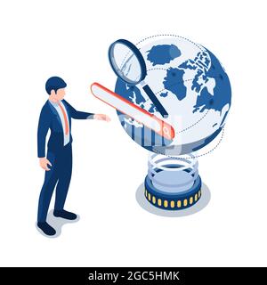 Flat 3d Isometric Businessman Touching Search Bar Over The World. Search Engine Optimization Concept. Stock Vector
